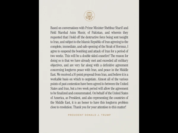 U.S. Announces Two-Week Ceasefire in Military Operations Against Iran