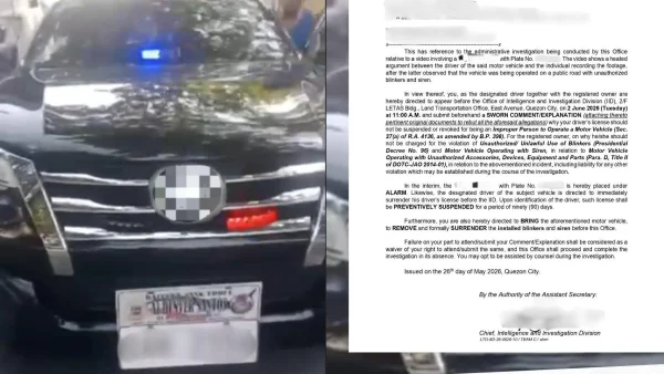 LTO Summons SUV Driver Over Unauthorized Use of Blinkers and Sirens
