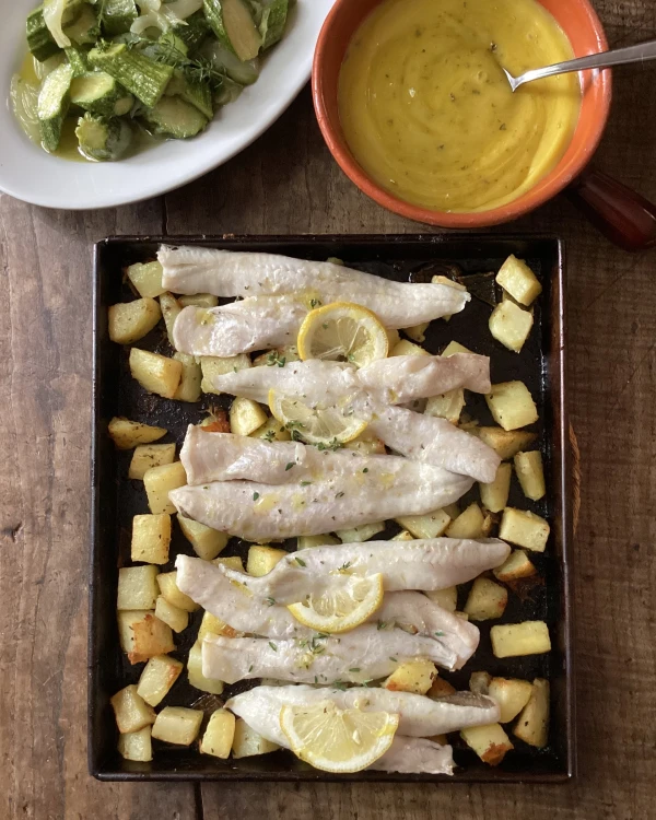 Oregano-Infused Baked Fish and Potatoes with Tangy Lemon Mayonnaise
