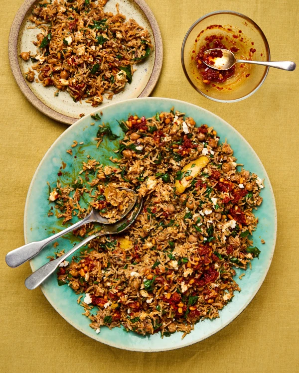 Spring Rice with Feta, Harissa, and Pine Nut Sauce: A Flavorful Fusion