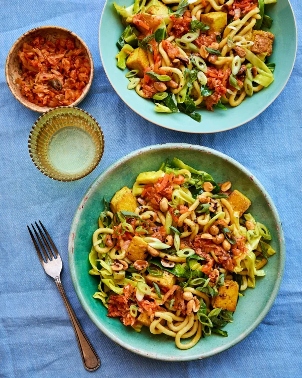 Spicy Kimchi Tofu Noodles with Crunchy Chilli Peanuts – A Quick Family Favorite